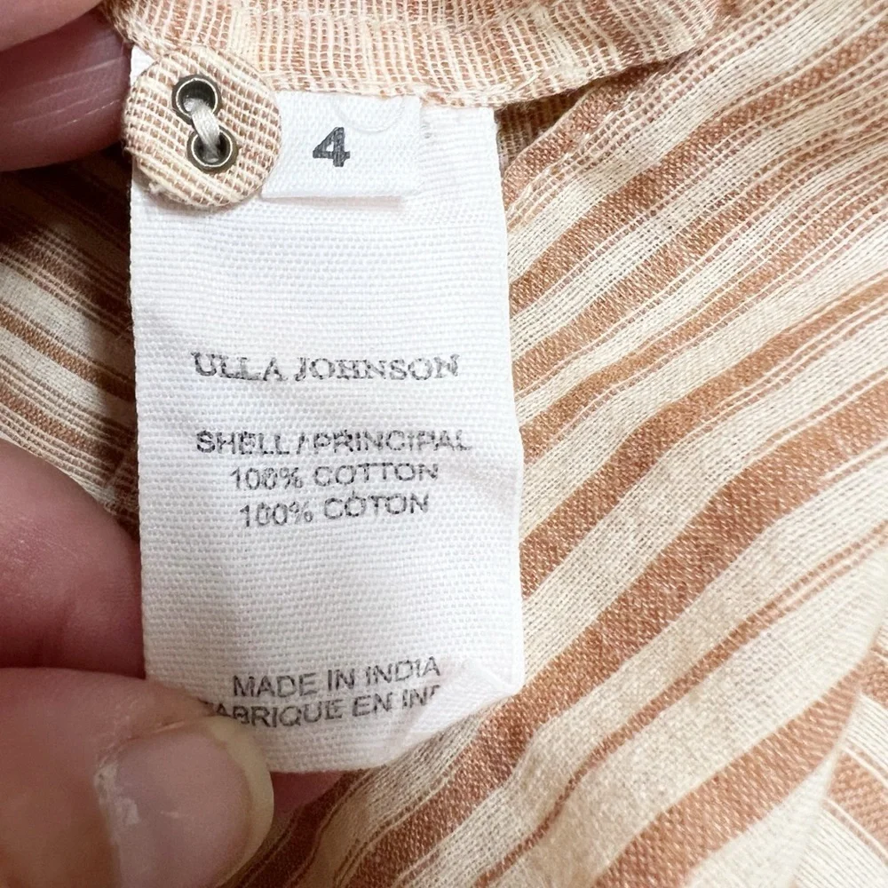 Ulla Johnson Womens Gauzy Ikat Fawn Striped Draped Neck Tie Puff Sleeve Blouse